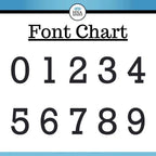 Font chart displaying black house numbers on white background with HSA logo, showing custom metal sign number styles and typefaces
