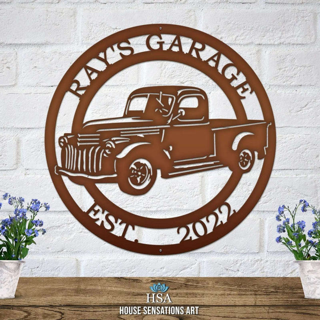 Vintage Chevy truck address plaque – personalized metal sign for farmhouse entryway or outdoor wall