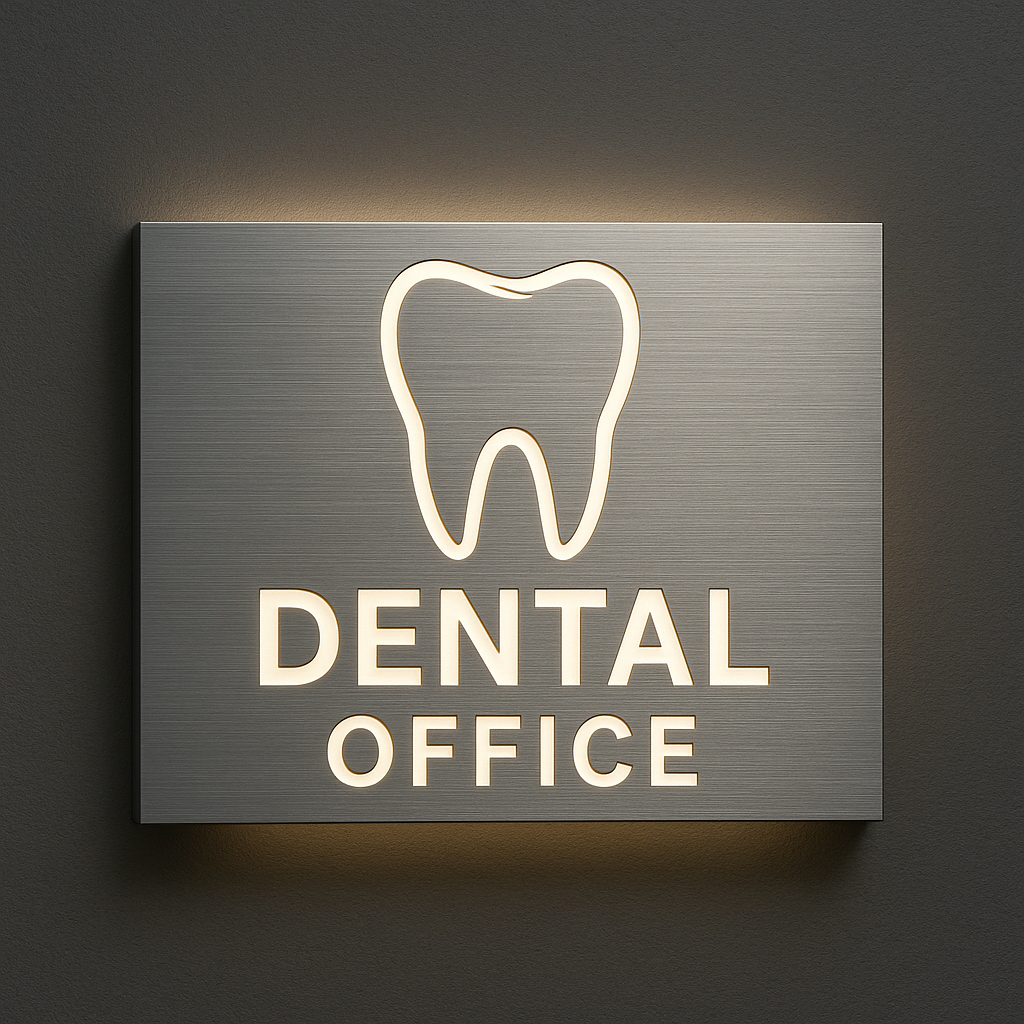 Wall-mounted custom aluminum dental office with LED halo backlighting for a professional and stylish design.