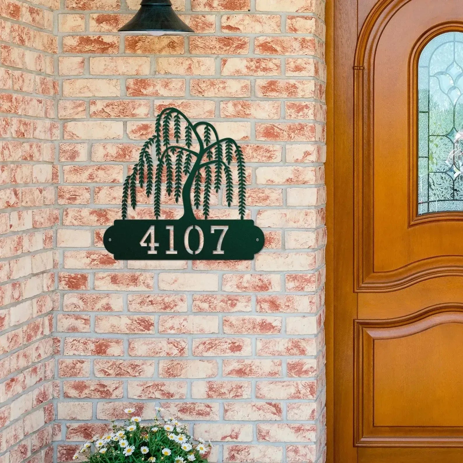 Bionic green Weeping Willow Address Sign with a weeping willow tree design on top and house number '4107' below.