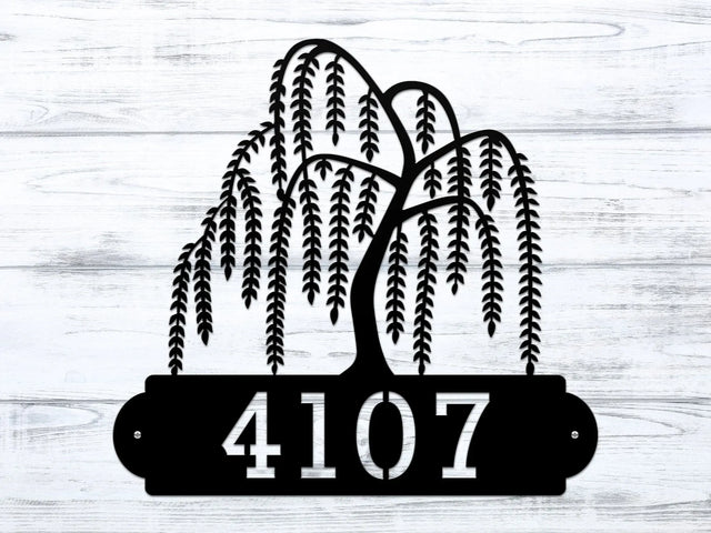 Close-up of black Weeping Willow Address Sign with a weeping willow tree design on top and house number '4107' below.
