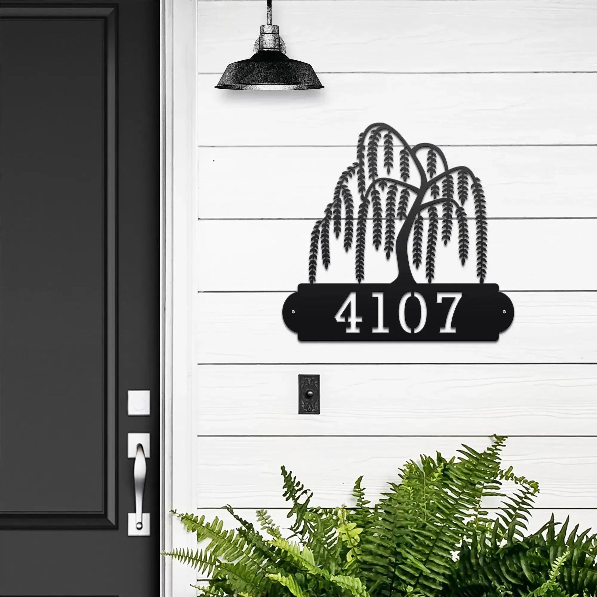 Black Weeping Willow Address Sign with a weeping willow tree design on top and house number '4107' below.