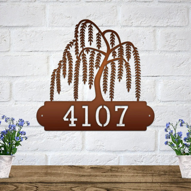 Close-up of bronze Weeping Willow Address Sign with a weeping willow tree design on top and house number '4107' below.