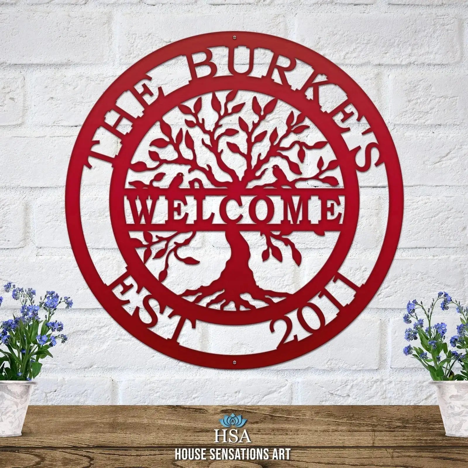 Welcome metal family sign – tree of life wall plaque with name and date for outdoor business or home entrance display