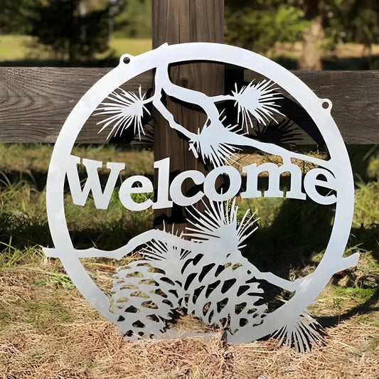 Custom welcome sign with pine cone design, laser cut metal door decor perfect for cabins or holiday gifting.