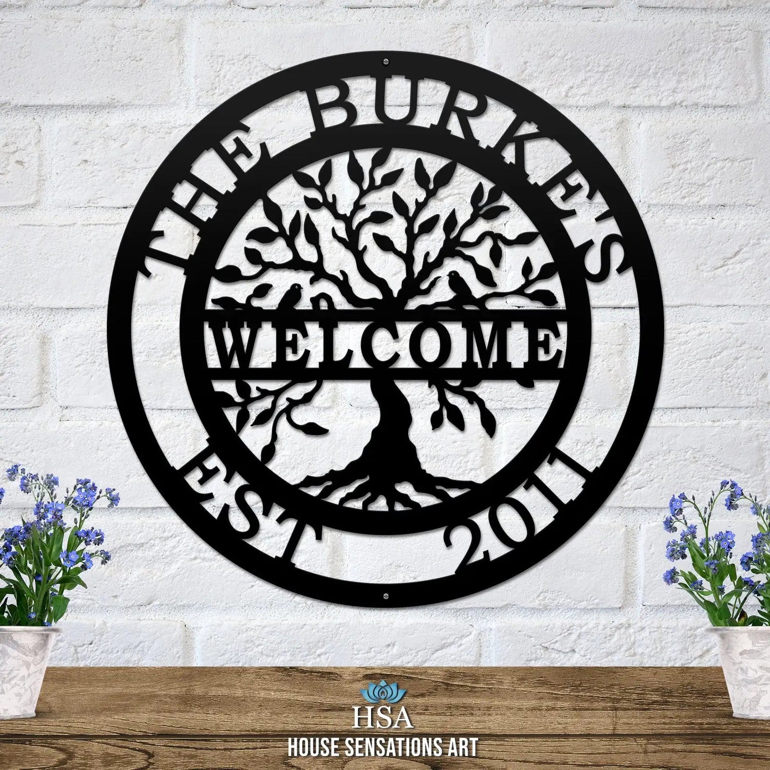 Welcome tree of life sign – personalized family metal art with name and date for front door decor or gate sign display