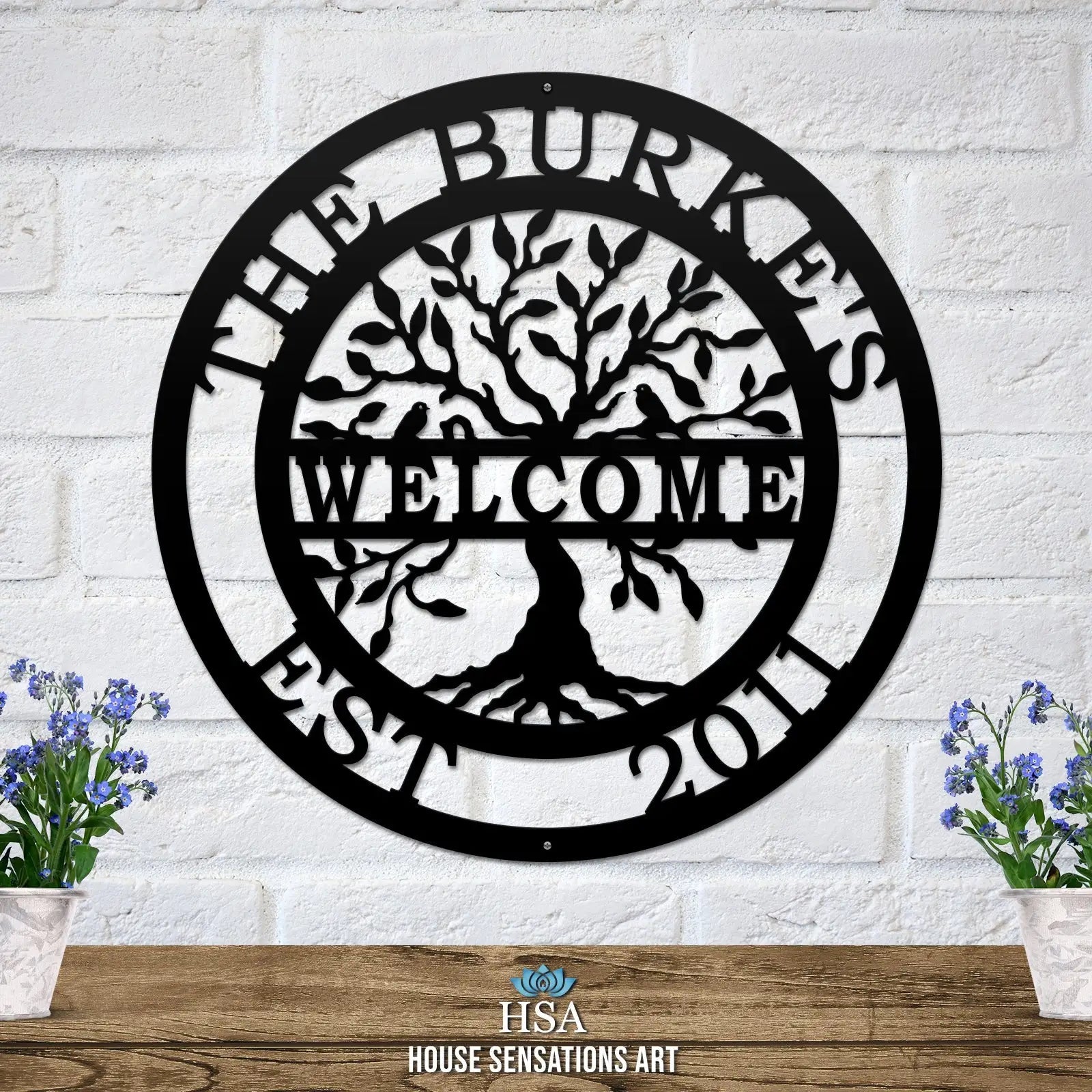 Welcome tree of life sign – personalized family metal art with name and date for front door decor or gate sign display