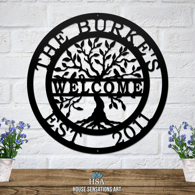 Welcome tree of life sign – personalized family metal art with name and date for front door decor or gate sign display