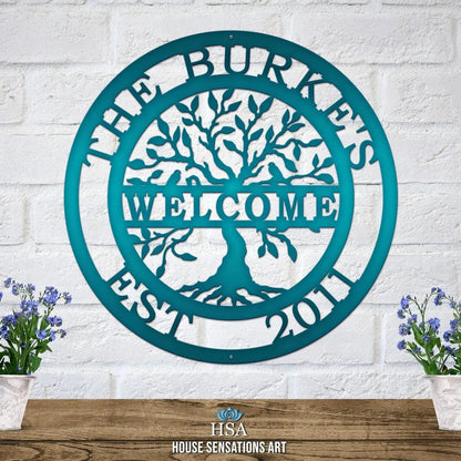 Welcome Tree of life Name Date Sign - Personalized Family Name Sign - Monogram Metal Wall Art - Custom Last Name Sign Wedding Gift - Home Decor Outdoor Metal Sign - HouseSensationsArt