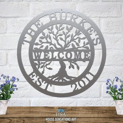 Welcome Tree of life Name Date Sign - Personalized Family Name Sign - Monogram Metal Wall Art - Custom Last Name Sign Wedding Gift - Home Decor Outdoor Metal Sign - HouseSensationsArt