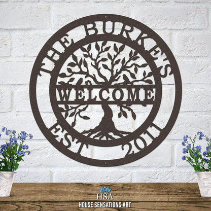 Welcome Tree of life Name Date Sign - Personalized Family Name Sign - Monogram Metal Wall Art - Custom Last Name Sign Wedding Gift - Home Decor Outdoor Metal Sign - HouseSensationsArt