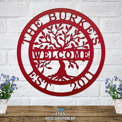 Welcome Tree of life Name Date Sign - Personalized Family Name Sign - Monogram Metal Wall Art - Custom Last Name Sign Wedding Gift - Home Decor Outdoor Metal Sign - HouseSensationsArt