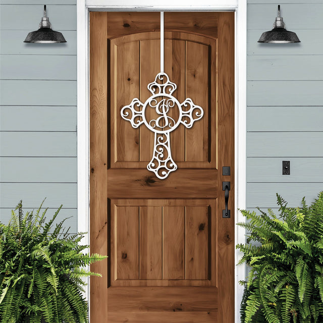 Custom Swirl Monogram Cross Door Sign in white with “J” – Christian initial cross door hanger for front porch decor.