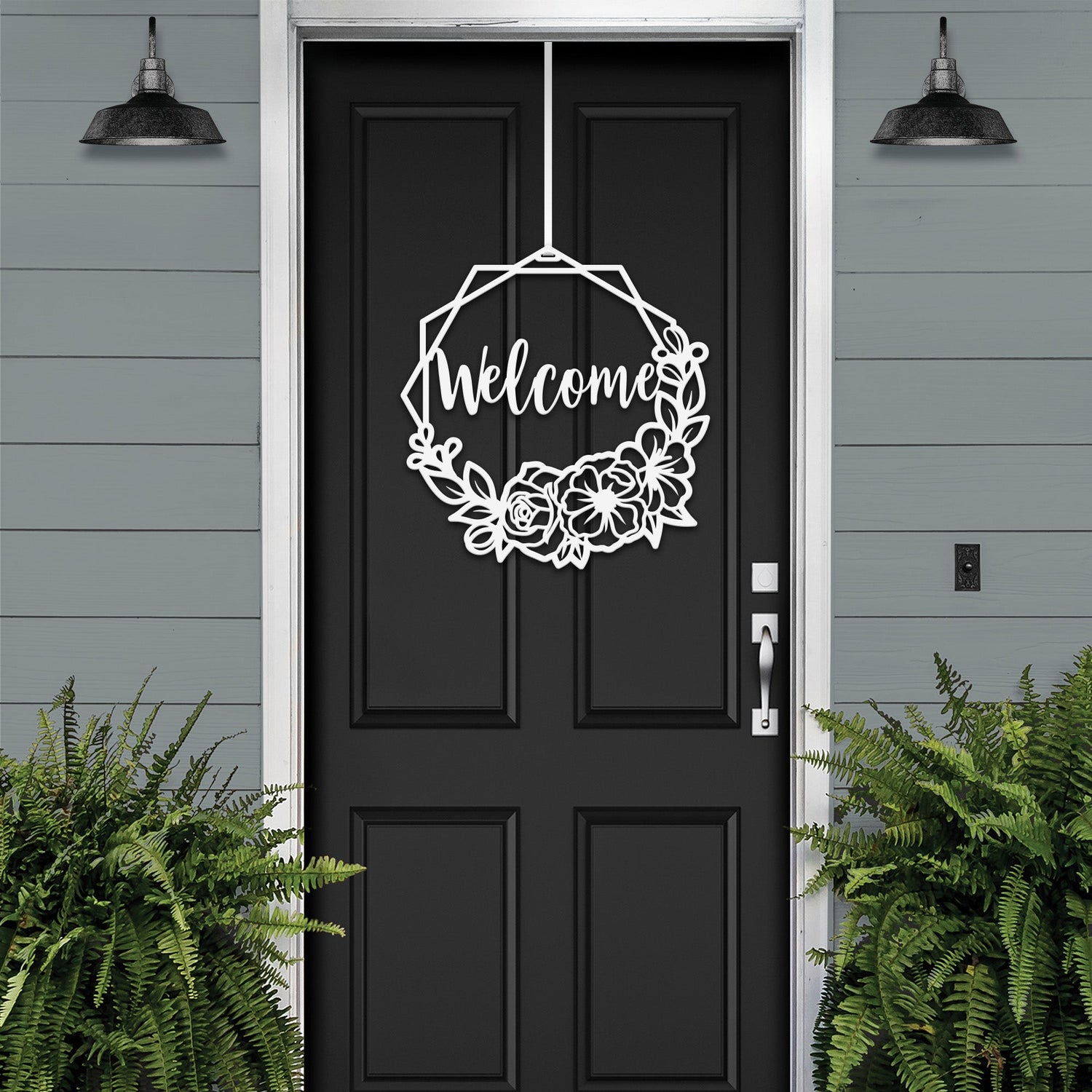 White Custom Floral Welcome Wreath – metal sign with floral accents for elegant front door.