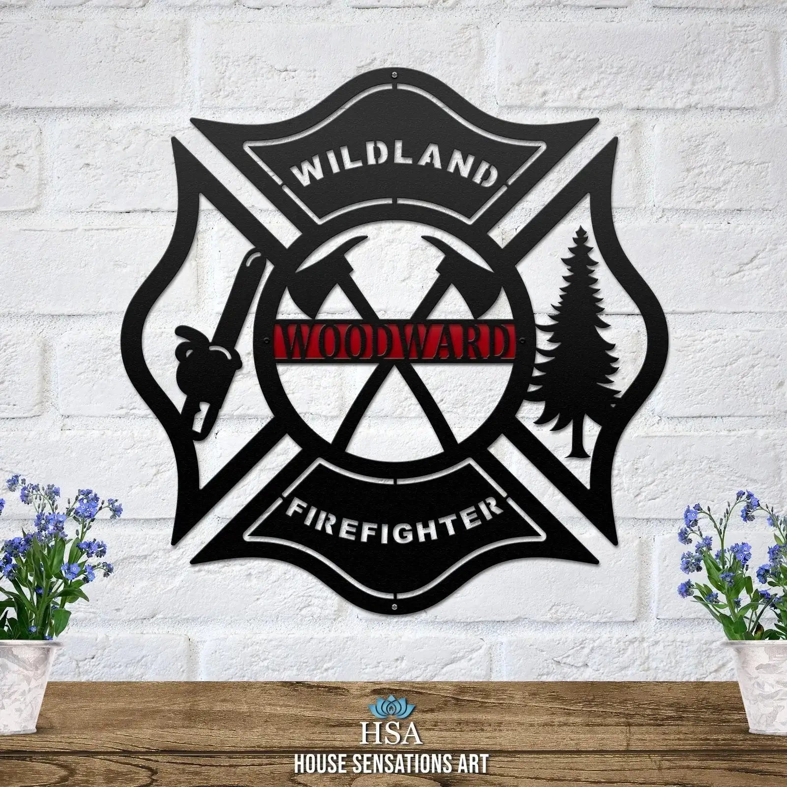 Wildland Firefighter front yard sign – personalized metal decor with Maltese cross and address.