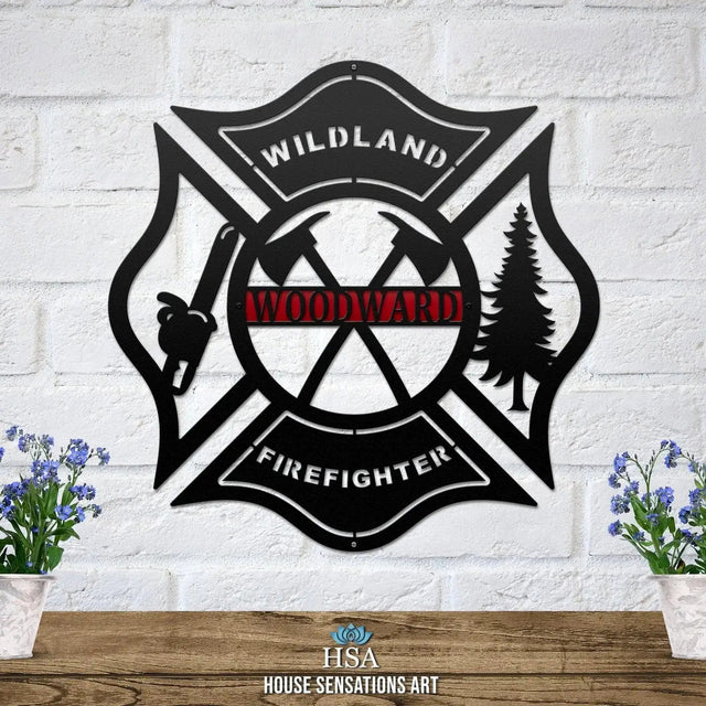 Wildland Firefighter front yard sign – personalized metal decor with Maltese cross and address.