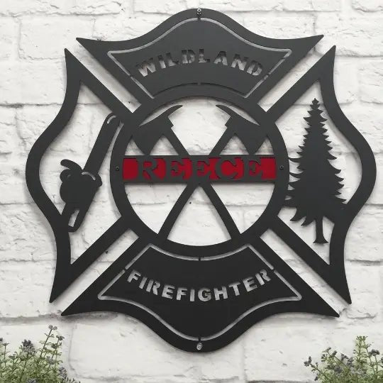 Personalized Wildland Firefighter gate sign – outdoor metal address plaque with Maltese cross.