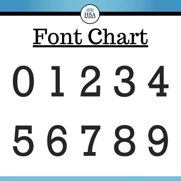 HSA house address font chart with numbers 0–9 on white background, blue borders, custom metal sign typography reference, front door and outdoor signage guide