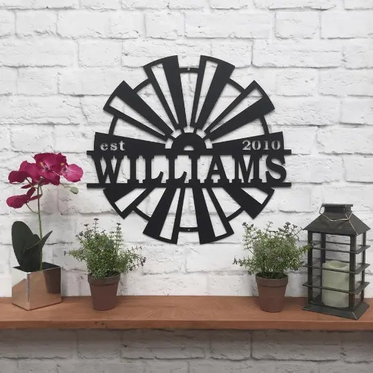 Windmill Metal Name Established Sign - Personalized Family Name Sign - Monogram Metal Wall Art - Custom Last Name Sign Wedding Gift - Home Decor Outdoor Metal Sign - HouseSensationsArt