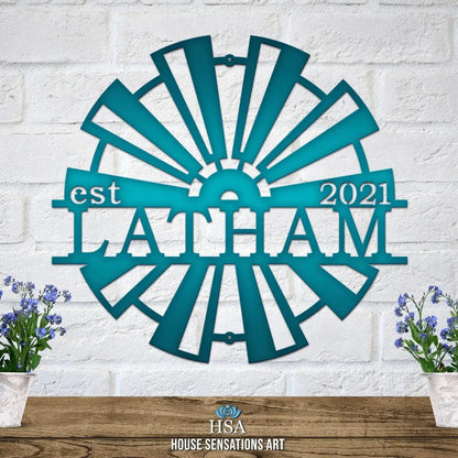 Windmill Metal Name Established Sign - Personalized Family Name Sign - Monogram Metal Wall Art - Custom Last Name Sign Wedding Gift - Home Decor Outdoor Metal Sign - HouseSensationsArt