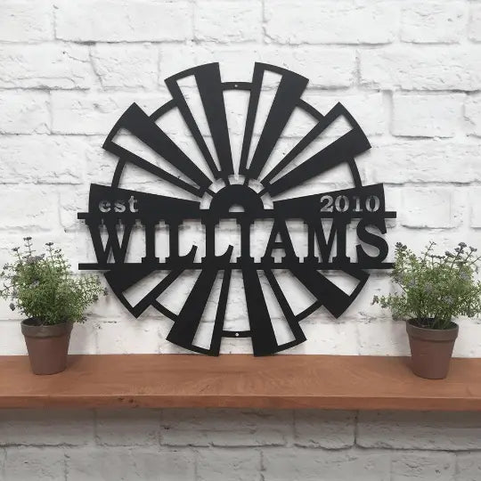 Windmill Metal Name Established Sign - Personalized Family Name Sign - Monogram Metal Wall Art - Custom Last Name Sign Wedding Gift - Home Decor Outdoor Metal Sign - HouseSensationsArt