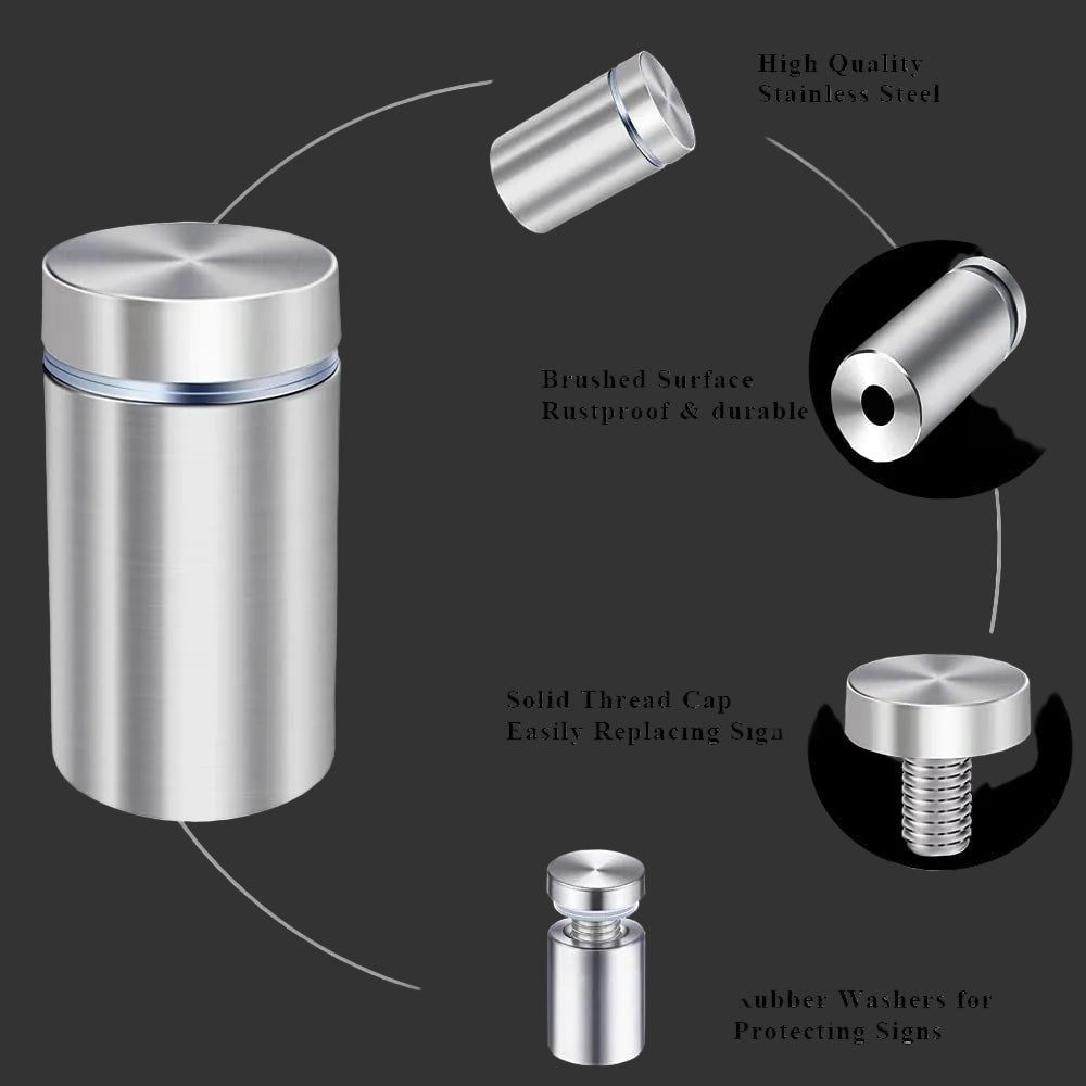 Stainless steel container with assorted mounting components for metal signs and wall décor, displayed on a black background, ideal for installation and hardware organization of custom signage.