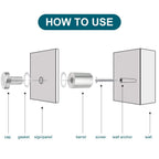 Illustrated guide demonstrating installation of a metal sign wall mount standoff with labeled components, displayed on a white background, ideal for proper setup of custom metal wall décor.
