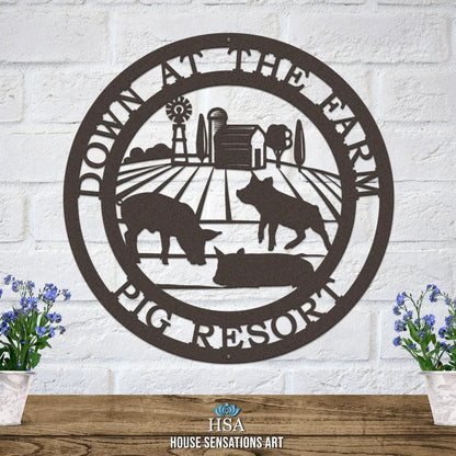 Three Little Pigs Farm Sign, a custom metal sign featuring animal silhouettes and customizable text, ideal for adding rustic charm to homes or gardens, crafted for durability and easy installation.