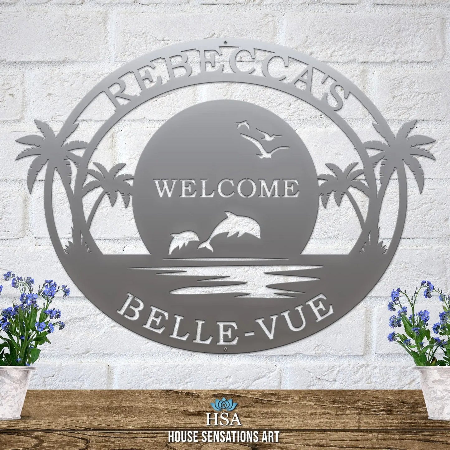 Personalized Metal Beach Sign with Palm Trees-Nautical Decor-HouseSensationsArt