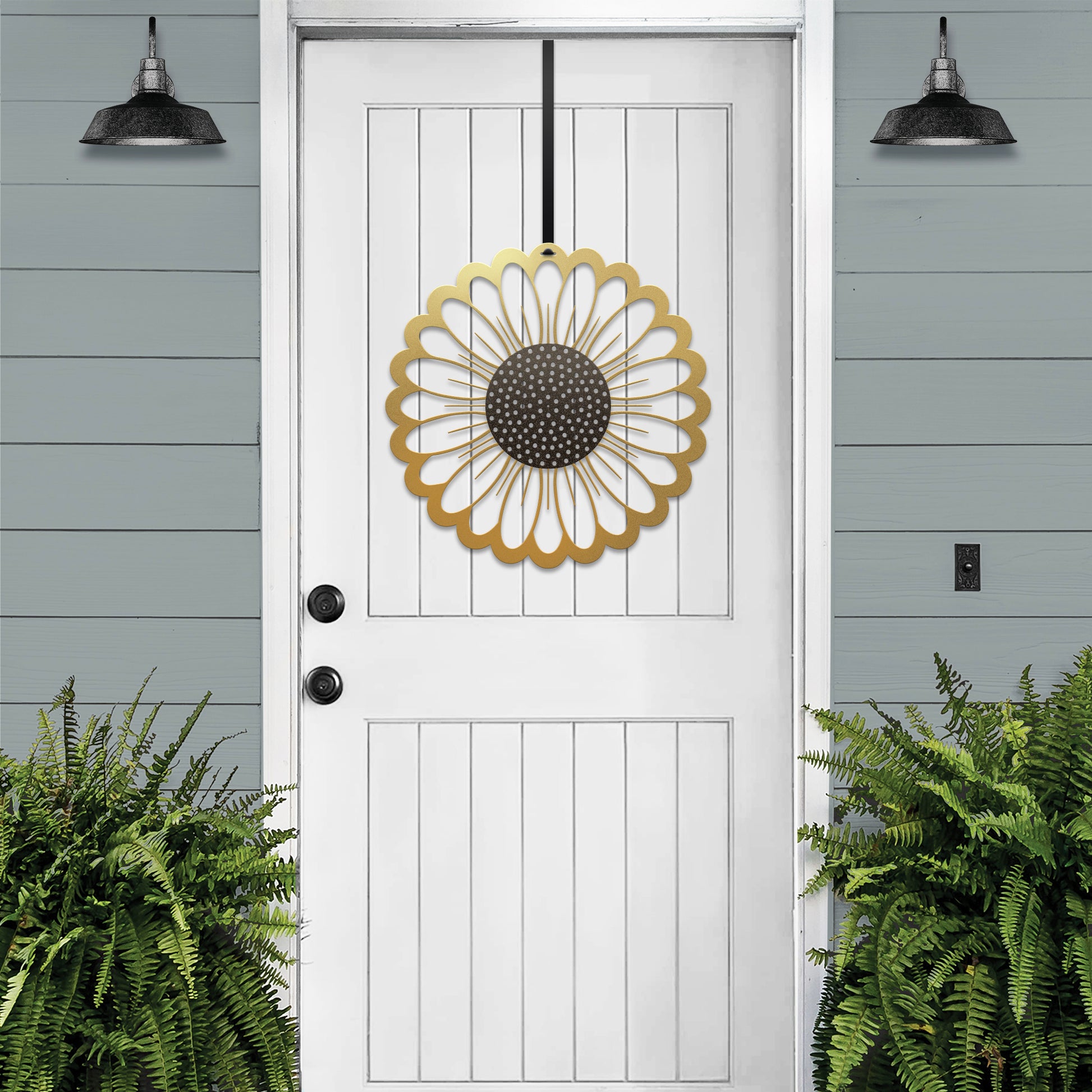 a white door with a yellow flower on it
