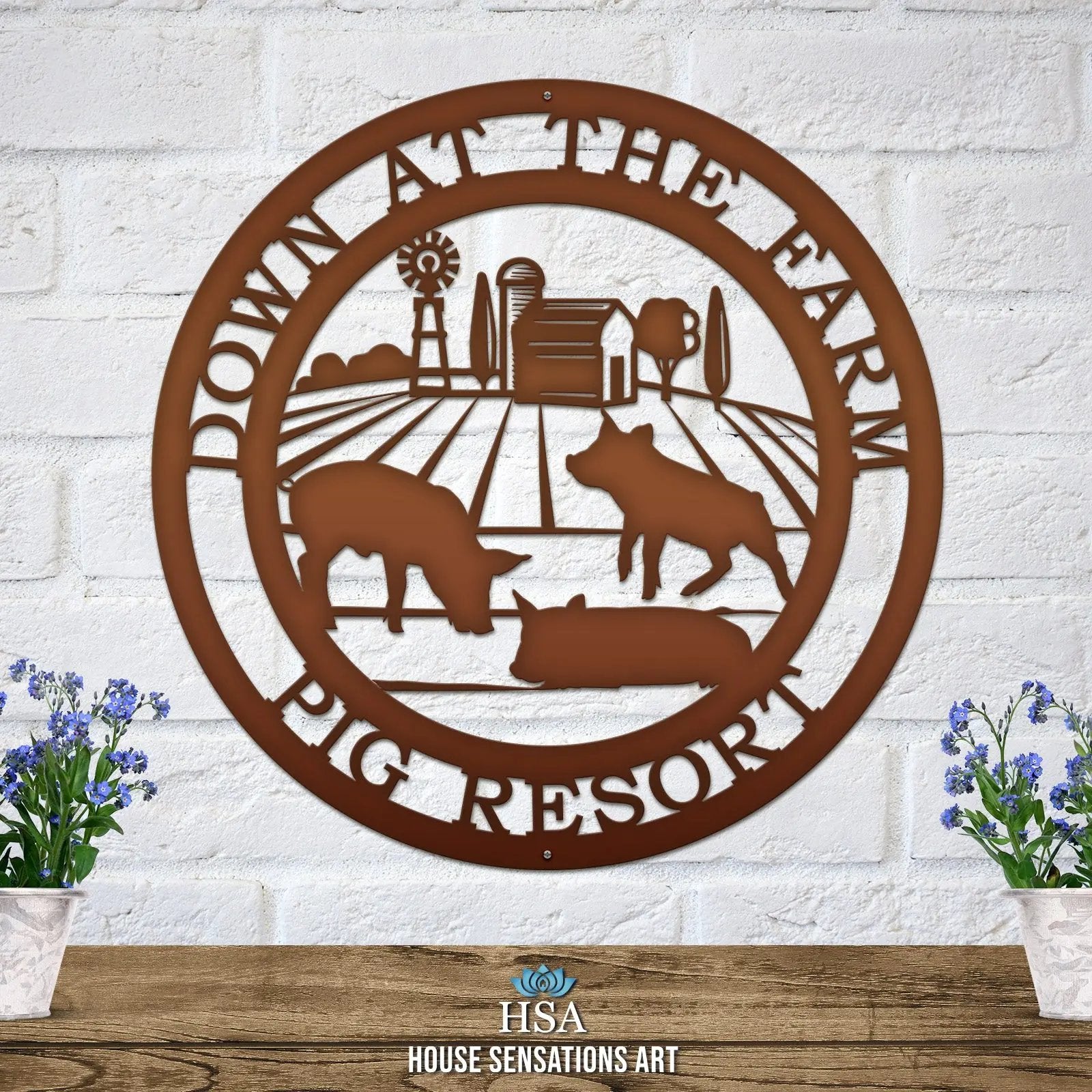 Three Little Pigs Farm Sign, a custom metal sign with a rustic design, featuring a silhouette of a dog and decorative elements, mounted on a brick wall.