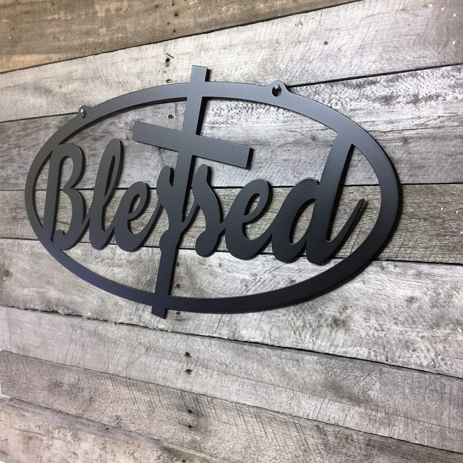 Blessed Sign Established Sign - Personalized Family Name Sign displayed against a wood wall, crafted from heavy-duty steel, showcasing elegant laser-cut lettering for modern home décor and wedding gifts.