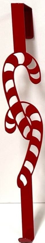 Red metal candy cane-shaped door hanger, festive Christmas decoration for doors and holiday décor, displayed on a white background