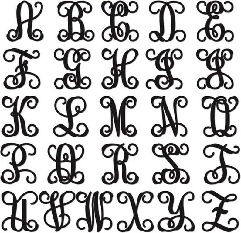  Alphabet chart showing A-Z monogram designs – custom metal letter options for farmhouse door wreaths.