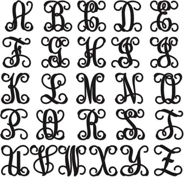  Alphabet chart showing A-Z monogram designs – custom metal letter options for farmhouse door wreaths.