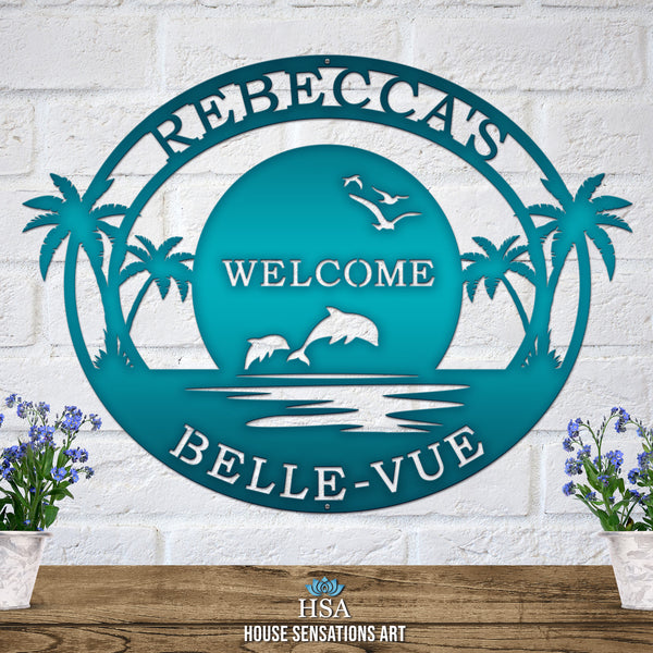 Personalized Metal Beach Sign with Palm Trees – Custom Street Numbers Sign – Weather-Resistant Outdoor Address Signs for Home Décor & Housewarming Gift