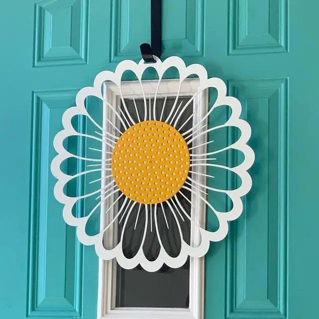 Green/teal front door with daisy wreath hanger, modern farmhouse curb appeal décor, outdoor metal sign inspiration, custom color door accent design