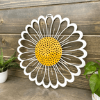 Rustic daisy metal wall art on wood backdrop with greenery, farmhouse décor, custom color powder coated metal sign, outdoor home accent design