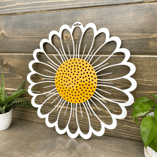 Rustic daisy metal wall art on wood backdrop with greenery, farmhouse décor, custom color powder coated metal sign, outdoor home accent design