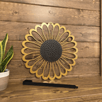 Sunflower metal wall art sample with hook, wooden background display, handcrafted floral decor, modern entryway design, outdoor-ready metal sign