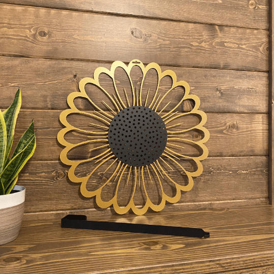 Sunflower metal wall art sample with hook, wooden background display, handcrafted floral decor, modern entryway design, outdoor-ready metal sign