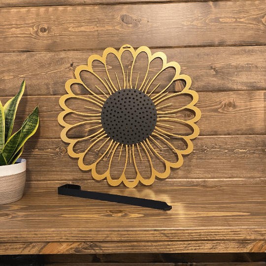 Sunflower metal wall art sample with hook, decorative display on wooden surface, plant accent, modern handcrafted floral decor, home styling design art