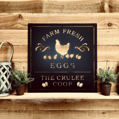 Custom chicken coop metal sign “Farm Fresh Eggs” with chicken illustration on wood background, rustic farm barn décor, personalized backyard sign