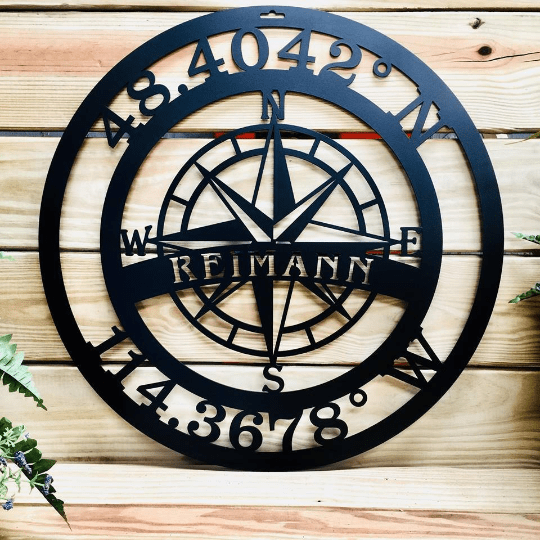 Custom compass and coordinates nautical sign, personalized metal décor for boats or coastal interiors