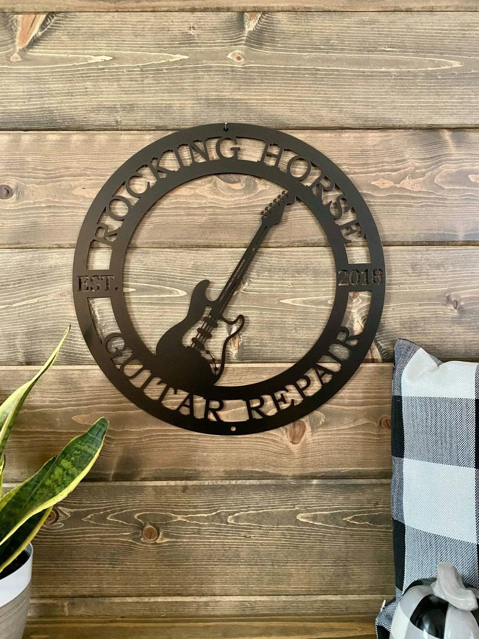 Custom guitar metal art – electric guitar sign with family name for unique front door decor or music room display