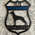 Custom K9 police badge metal plaque with dog silhouette and personalized text, powder coated law enforcement themed wall art, decorative K9 unit sign on stone background, police dog memorial or home décor