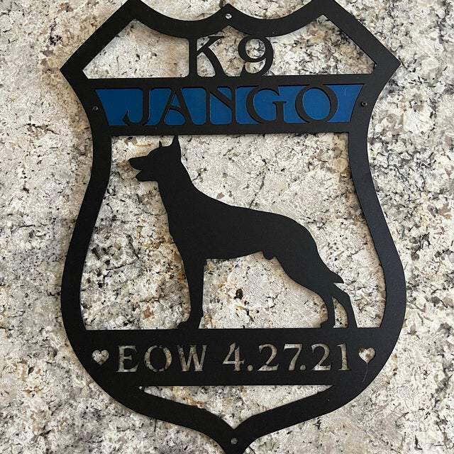 Custom K9 police badge metal plaque with dog silhouette and personalized text, powder coated law enforcement themed wall art, decorative K9 unit sign on stone background, police dog memorial or home décor