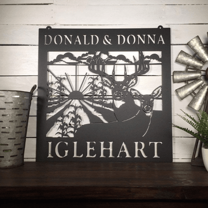 Custom Metal Deer Sign with Rustic Corn Rows & Sunset Design - HouseSensationsArt