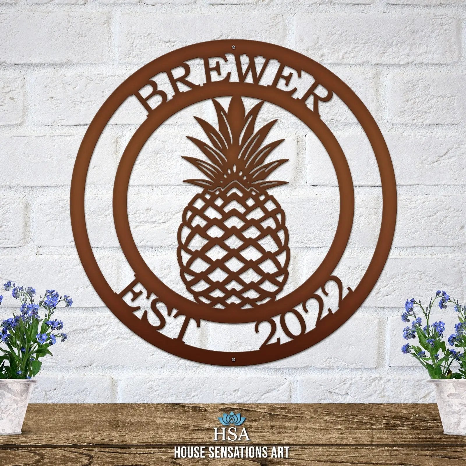Custom Pineapple Address Sign in candy copper – rustic metal circular welcome sign with center pineapple and custom address text.