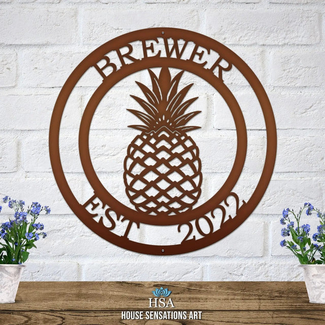 Custom Pineapple Address Sign in candy copper – rustic metal circular welcome sign with center pineapple and custom address text.
